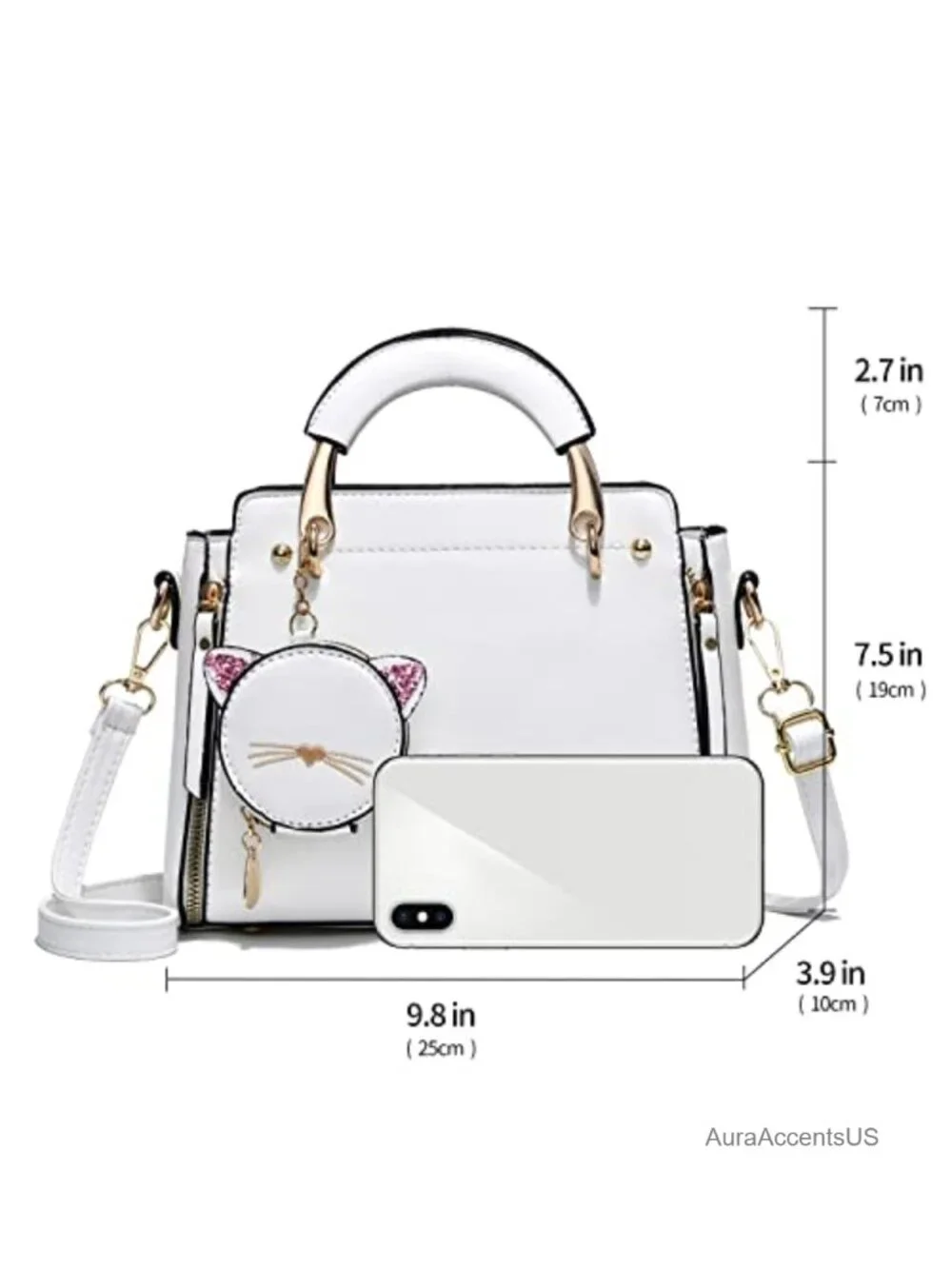 PU Leather Top Handle Satchel Crossbody Bag with Kitten Pendant - Small Tote